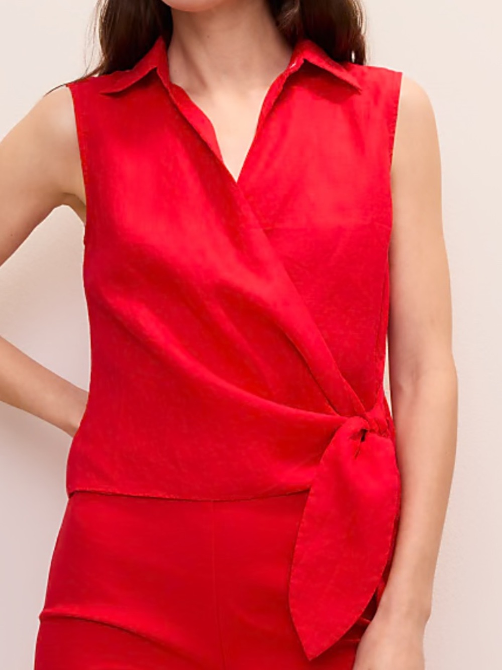 Ann Taylor Red Sleeveless Wrap Blouse with Side Tie